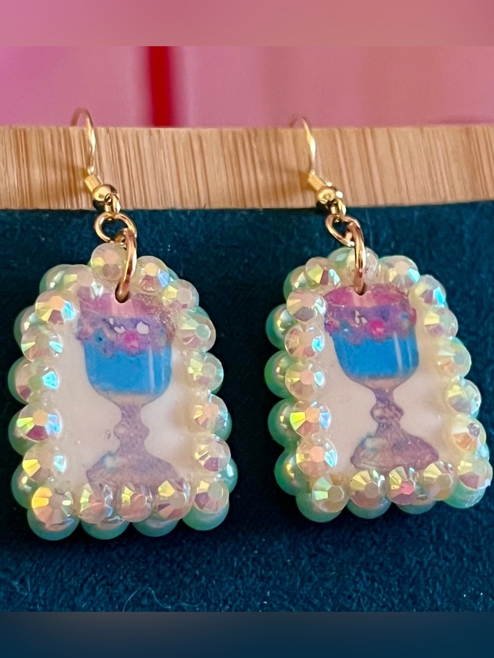 Iridescent Blue Goblet Drop Earrings with Sparkling Bead Border